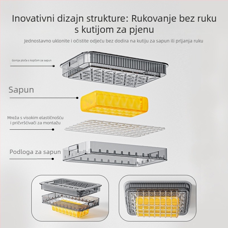 Prozirna zidna kutija za sapun s usisnom čašicom, dvostruka razina, odvod špongu