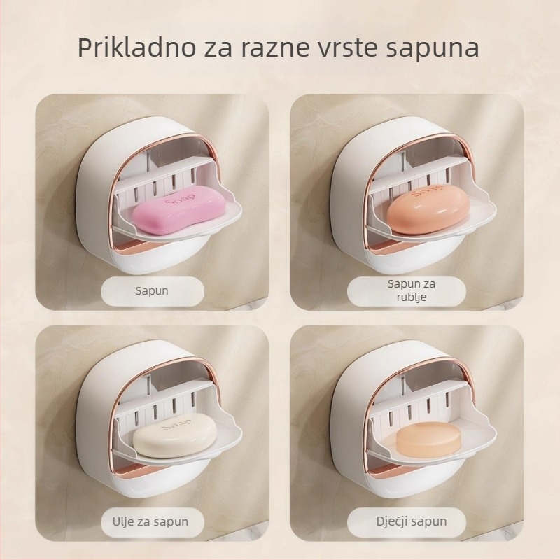 Zidna kutija za sapun s poklopcem i odvodom, PP materijal, bez bušenja, s usisnom kopčom