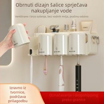 Zidni držač za četkice za zube i čašu za ispiranje usta, plastika, montaža bez bušenja, s otiskom logotipa, mogućnost prilagodbe