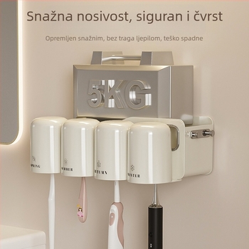 Zidni držač za četkice za zube i čašu za ispiranje usta, plastika, montaža bez bušenja, s otiskom logotipa, mogućnost prilagodbe