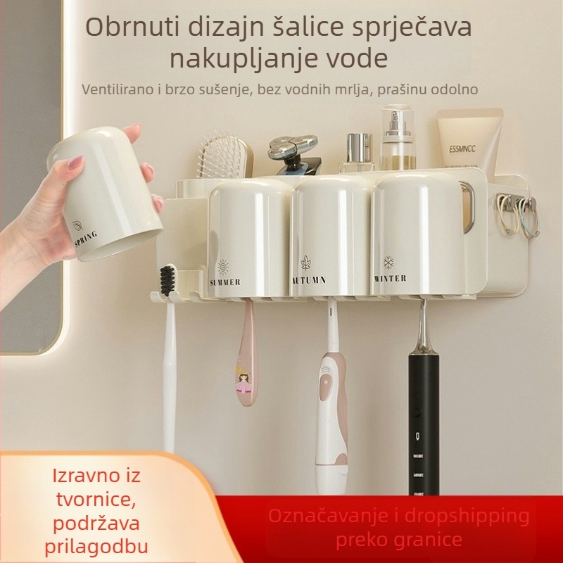 Zidni držač za četkice za zube i čašu za ispiranje usta, plastika, montaža bez bušenja, s otiskom logotipa, mogućnost prilagodbe