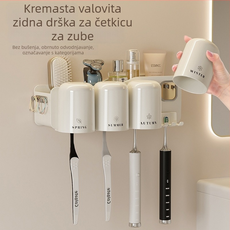 Zidni držač za četkice za zube i čašu za ispiranje usta, plastika, montaža bez bušenja, s otiskom logotipa, mogućnost prilagodbe