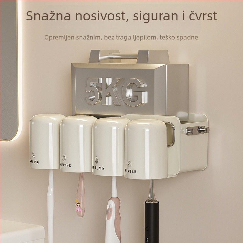Zidni držač za četkice za zube i čašu za ispiranje usta, plastika, montaža bez bušenja, s otiskom logotipa, mogućnost prilagodbe