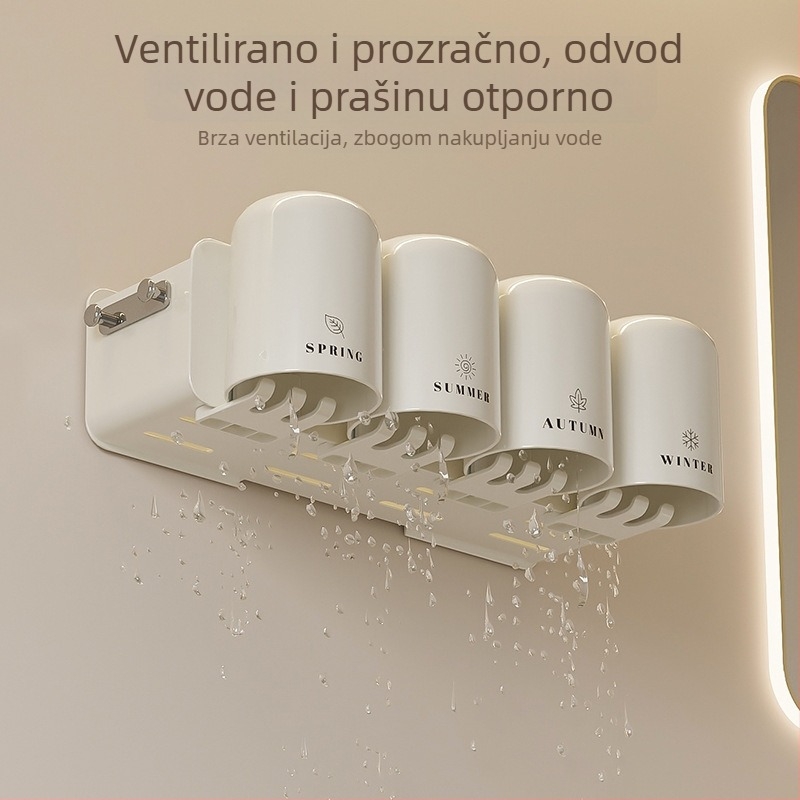 Zidni držač za četkice za zube i čašu za ispiranje usta, plastika, montaža bez bušenja, s otiskom logotipa, mogućnost prilagodbe