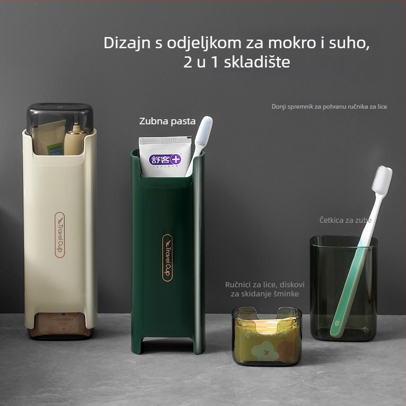 Putnički set čašica za ispiranje i držač za četkice – plastika, paket od 9 komada, s otisnutim logom, prilagodljiv, privatna oznaka dostupna