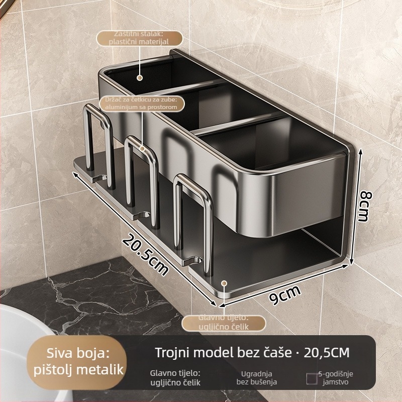 Zidni držač za četkice za zube s čašom za kupaonicu, bez bušenja, materijal: space aluminij, 2–4 mjesta, tiskanje logotipa omogućeno