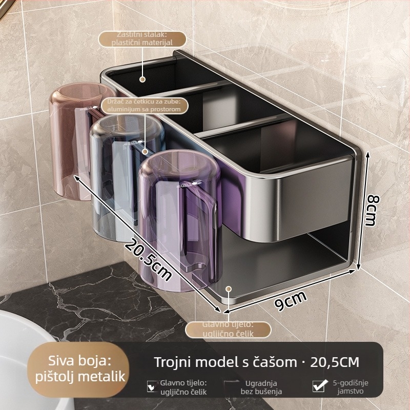 Zidni držač za četkice za zube s čašom za kupaonicu, bez bušenja, materijal: space aluminij, 2–4 mjesta, tiskanje logotipa omogućeno