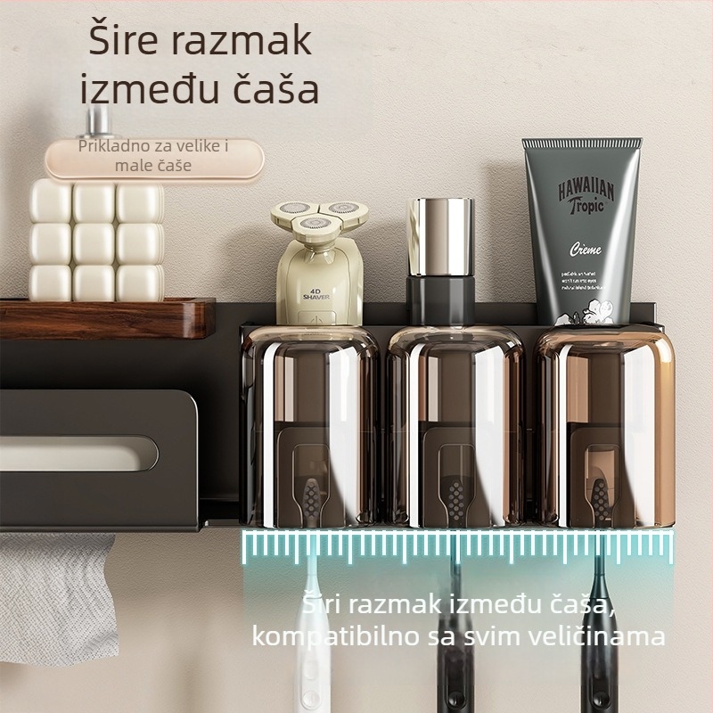 Držač za četkice od orašastog drveta s aluminijem, bez bušenja, kupaonski organizator za čašu za ispiranje usta i papirnate maramice