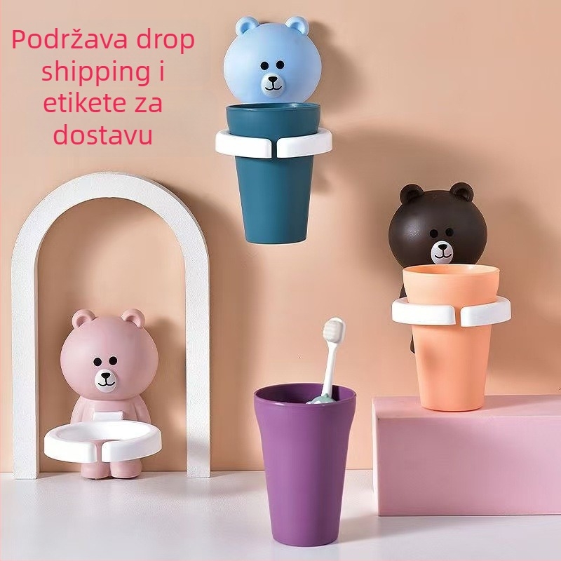 Dječji držač četkica za zube s crtić dizajnom, samoljepljivi držač, plastična čašica, bez bušenja