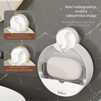 Zidni držač sapuna s vakuumskim pričvršćivanjem i preklopnim poklopcem, plastičan, odvod u kupaonu