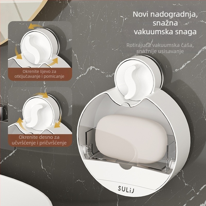 Zidni držač sapuna s vakuumskim pričvršćivanjem i preklopnim poklopcem, plastičan, odvod u kupaonu