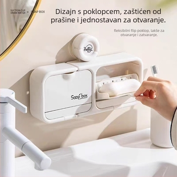 Držač sapuna sa ventuzom i preklopnim poklopcem, zidni s odvodenim pladnjem