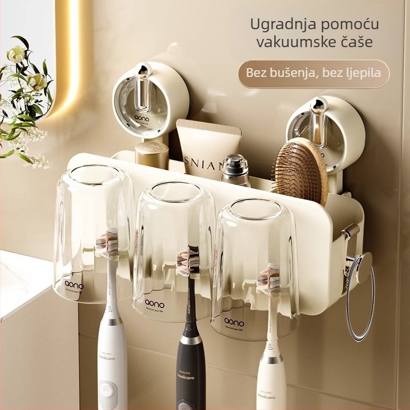 Držač četkica za zube za zid sa usisnom čašom, plastičan, bez bušenja, s logotipom