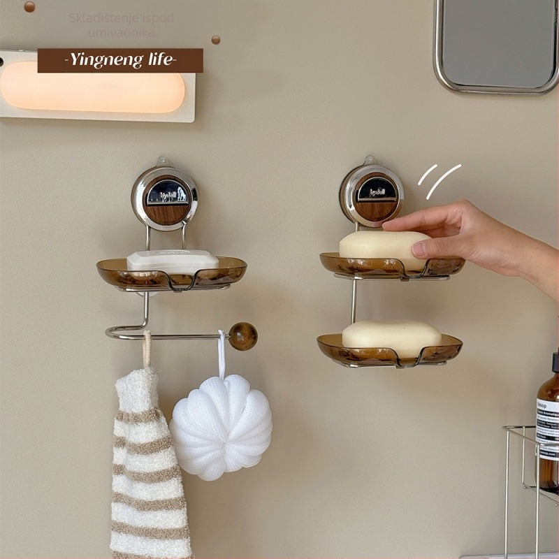 Držač sapuna na stijenu s usisnom čašom, dvostruki sloj s odvodom, materijal: plastika i nehrđajući čelik