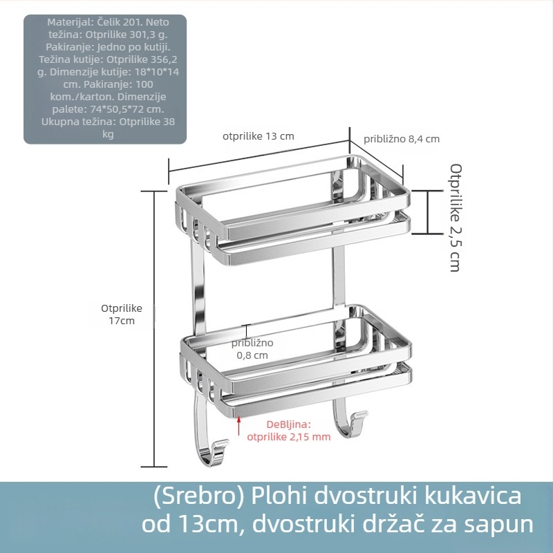 Stalak za sapun od nehrđajućeg čelika s usisnom čašicom, zidni kupaonski polic s odvodom, bez bušenja