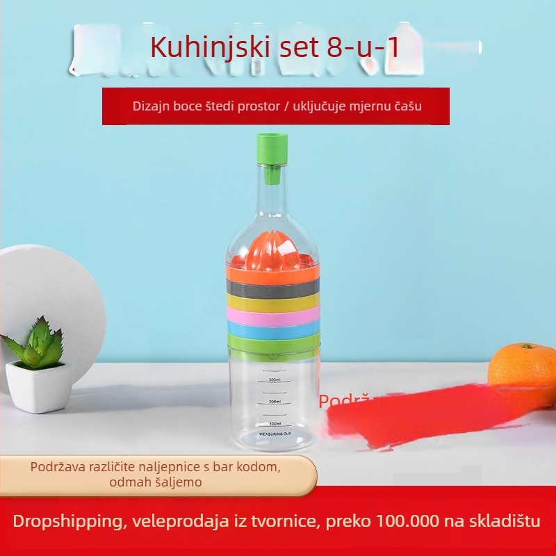 Osam u jednom kućanskom setu alata u obliku boce vina: rezač za povrće, odvajač voća i povrća, odvajač bjelanjaka; materijal PP