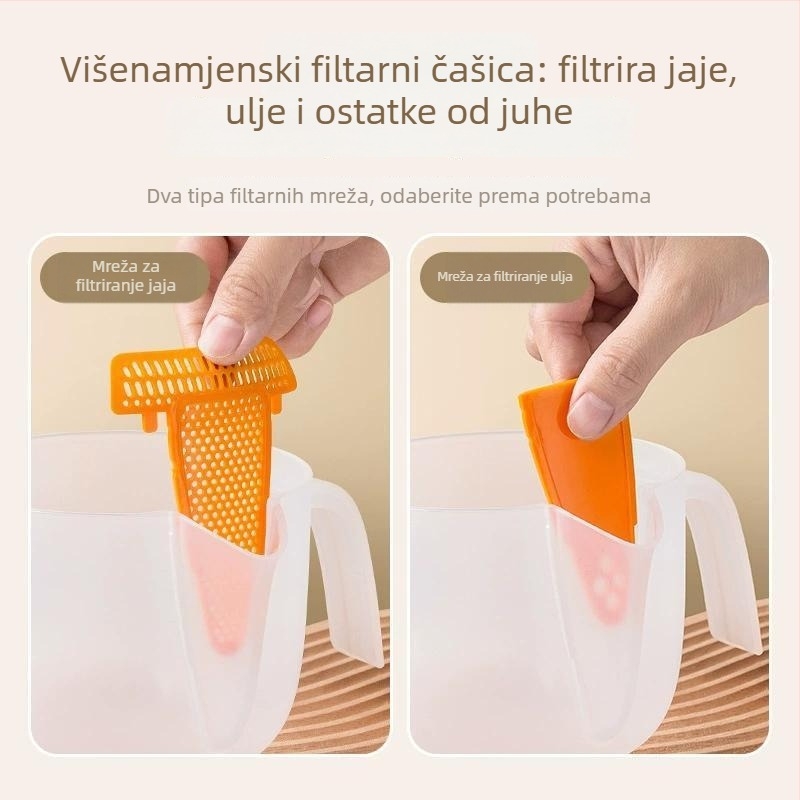 Ručni kuhinjski alat za pranje riže s filtrom, odvajačem jaja, mjernom čašom i graduiranom zdjelom — moderan minimalistički stil