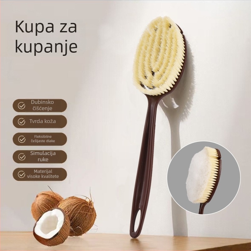 Kokosov štetin za kupanje s imitacijom svinjske dlake, ergonomski dizajn dlana-luk, 2-u-1 suha i mokra četka, duga drška