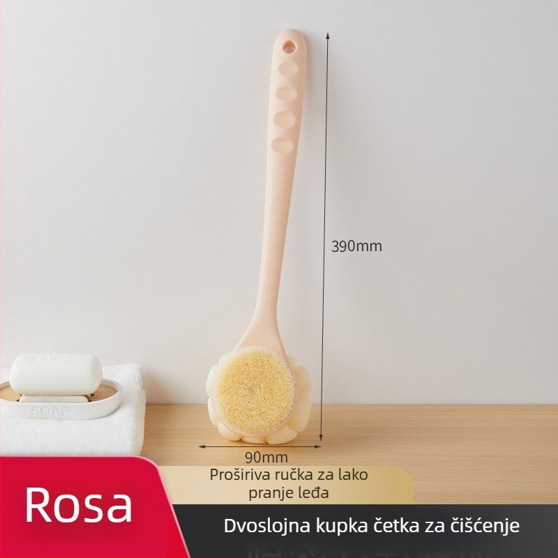 Dugačka drška, dvostruka četka za kupanje s mekanim dlačicama, za masažu leđa, plastična konstrukcija, univerzalna uporaba