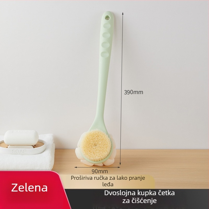 Dugačka drška, dvostruka četka za kupanje s mekanim dlačicama, za masažu leđa, plastična konstrukcija, univerzalna uporaba