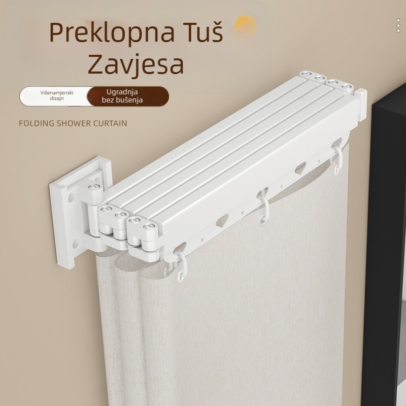 Bez bušenja, sklopiva šipka tuš zavjesa s pregradom kupaonice, vodootporna i otporna na plijesan, proširiva sušilica za balkon, poliester