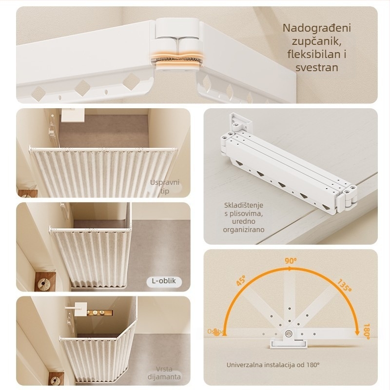 Bez bušenja, sklopiva šipka tuš zavjesa s pregradom kupaonice, vodootporna i otporna na plijesan, proširiva sušilica za balkon, poliester