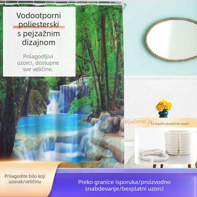 Kada zavjesa s digitalnim ispisom krajine s vodopadom, poliester tkanina, novi kineski stil, mogućnost prilagodbe.