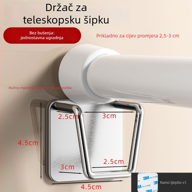 Teleskopski držač zavjese s ljepilnom montažom, bez bušenja – nehrđajući čelik, moderni minimalistički stil