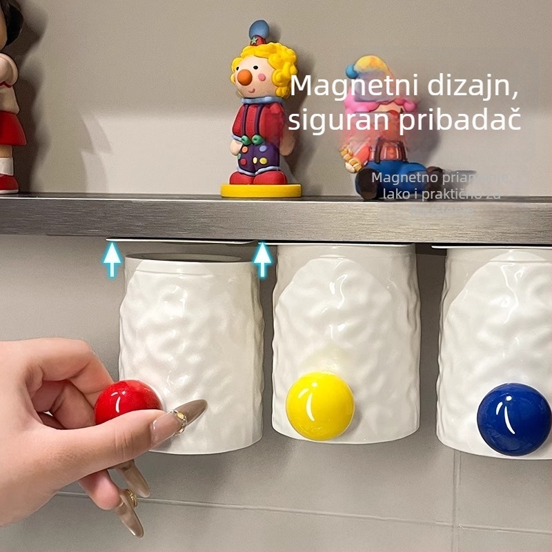 Držač četkica za zube - zidni, bez bušenja, materijal: karbonska čelika + plast, držač za čašu i četkicu u kupaonici