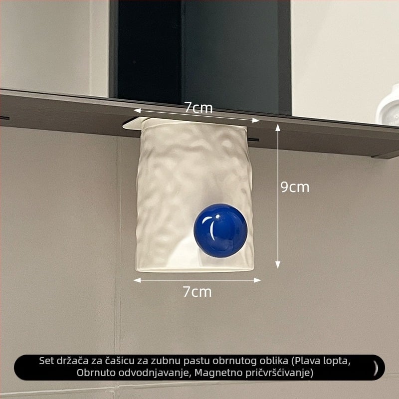 Držač četkica za zube - zidni, bez bušenja, materijal: karbonska čelika + plast, držač za čašu i četkicu u kupaonici
