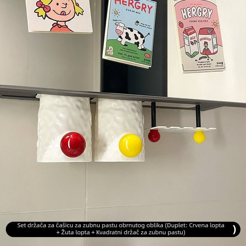 Držač četkica za zube - zidni, bez bušenja, materijal: karbonska čelika + plast, držač za čašu i četkicu u kupaonici