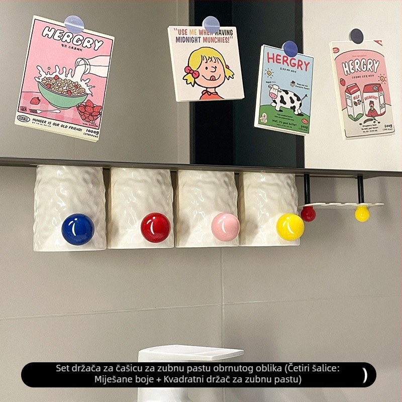 Držač četkica za zube - zidni, bez bušenja, materijal: karbonska čelika + plast, držač za čašu i četkicu u kupaonici