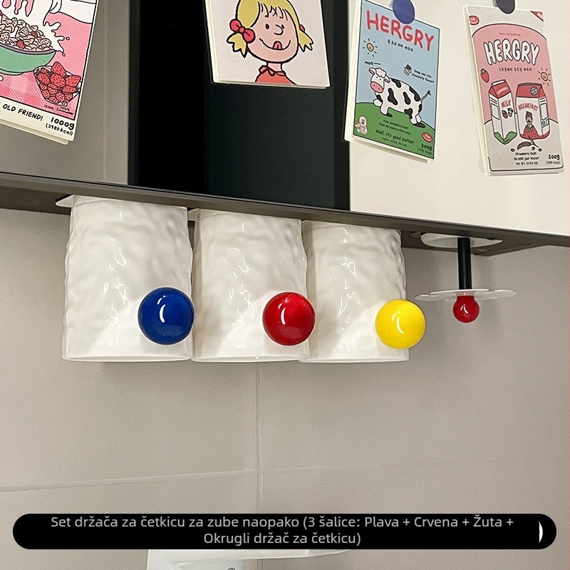 Držač četkica za zube - zidni, bez bušenja, materijal: karbonska čelika + plast, držač za čašu i četkicu u kupaonici
