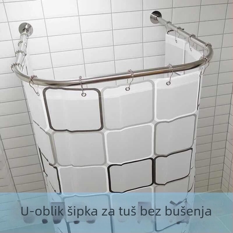 Set tuš šipke u obliku slova U bez bušenja, kupaonica, teleskopska U-oblika šipka, nehrđajući čelik, vodootporna zavjesa za tuš, pregradni prostor za tuš
