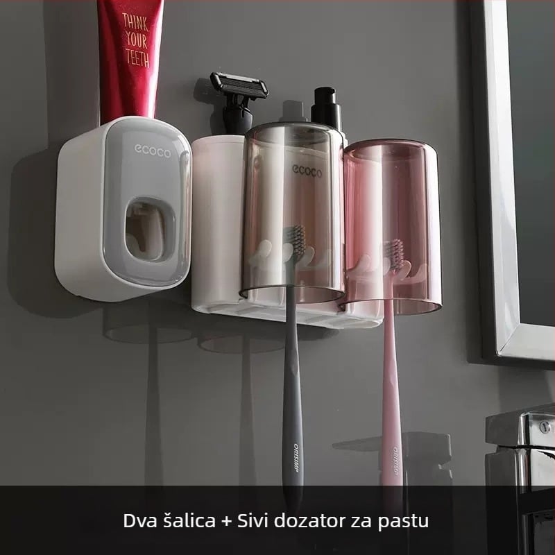 Zidni držač za četkice za zube s prostorom za pastu i setom čašica za ispiranje usta, bez bušenja, plastični.