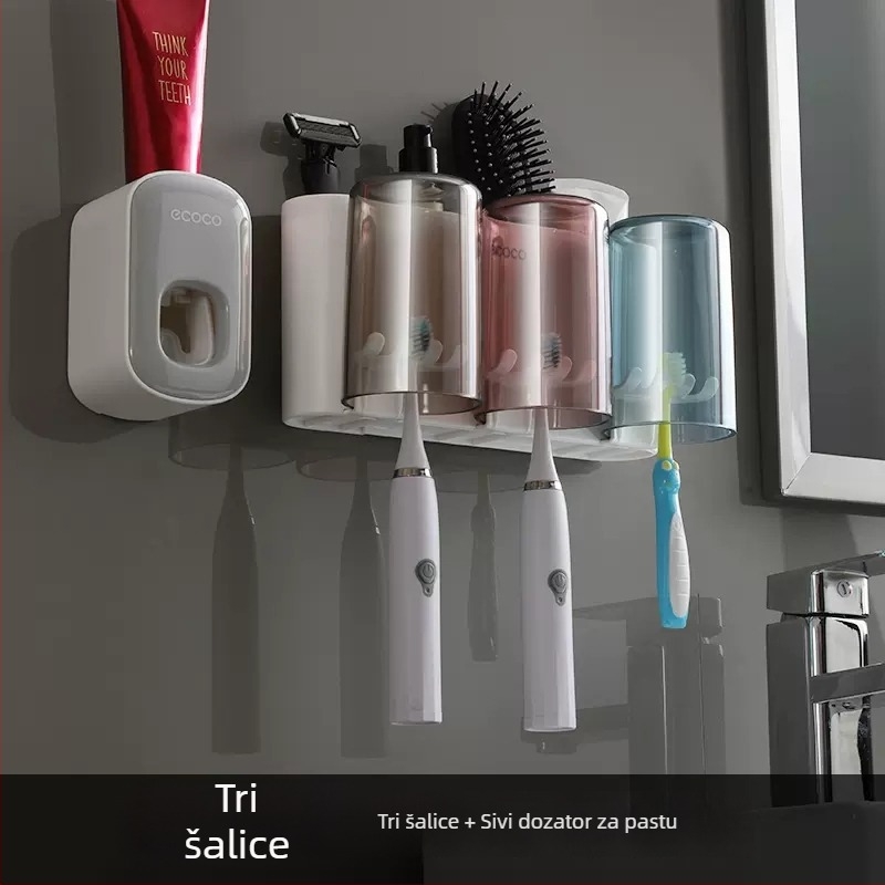 Zidni držač za četkice za zube s prostorom za pastu i setom čašica za ispiranje usta, bez bušenja, plastični.