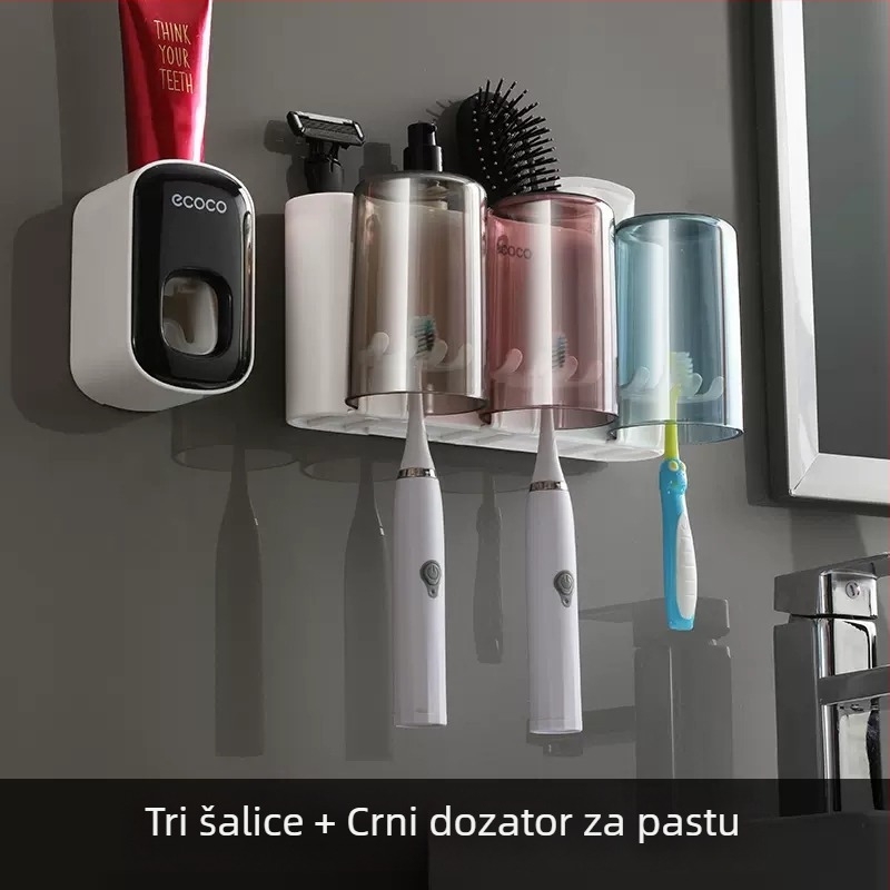 Zidni držač za četkice za zube s prostorom za pastu i setom čašica za ispiranje usta, bez bušenja, plastični.