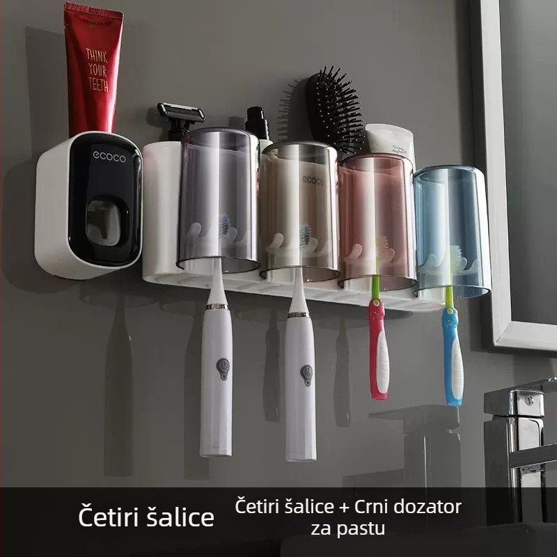 Zidni držač za četkice za zube s prostorom za pastu i setom čašica za ispiranje usta, bez bušenja, plastični.