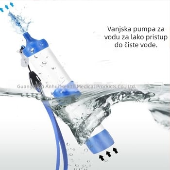 Vanjska slamka za filtriranje vode za kampiranje, s ultrafiltracijskom membranom, aktivnim ugljenom i nano-srebro antibakterijskim česticama, materijal: ABS plast za prehrambenu upotrebu + membrana od šuplje vlakne ultrafiltracije, kapacitet 1000 L
