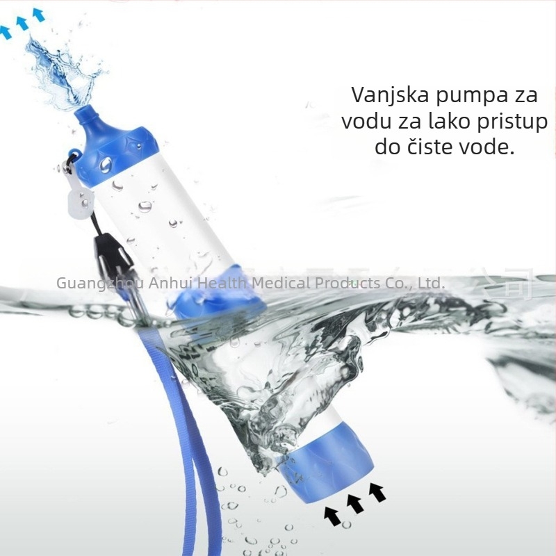 Vanjska slamka za filtriranje vode za kampiranje, s ultrafiltracijskom membranom, aktivnim ugljenom i nano-srebro antibakterijskim česticama, materijal: ABS plast za prehrambenu upotrebu + membrana od šuplje vlakne ultrafiltracije, kapacitet 1000 L