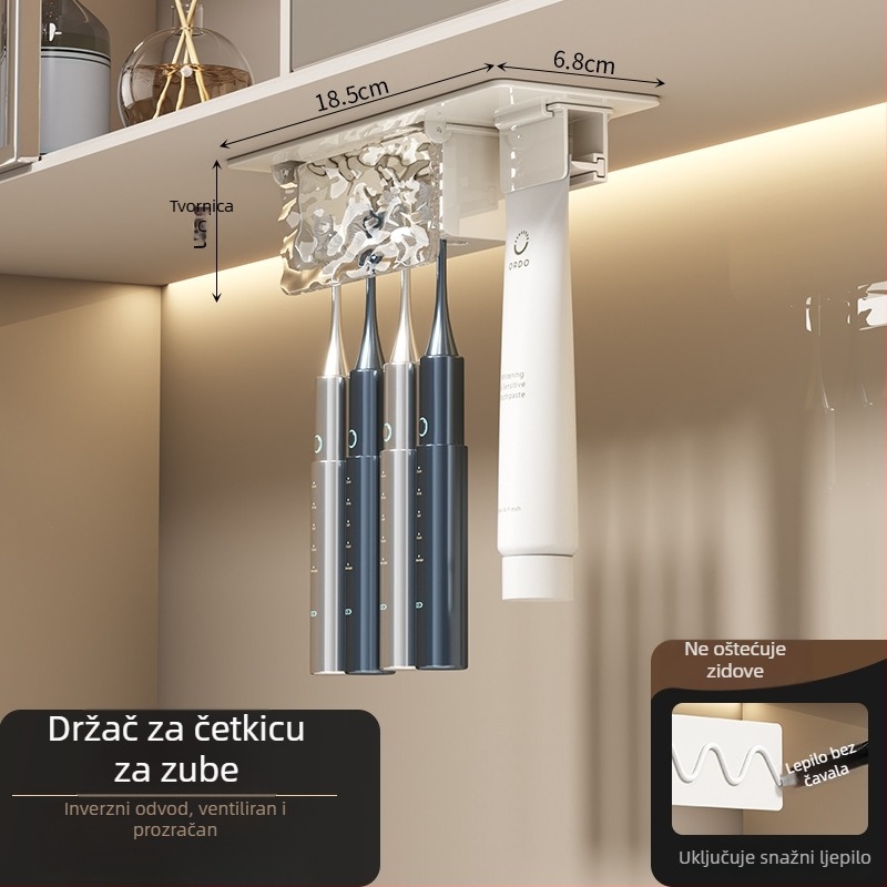 Držač za četkicu s invertnim dizajnom protiv prašine, bez bušenja, kristalno staklo, mehanizam istiskivanja paste za zube