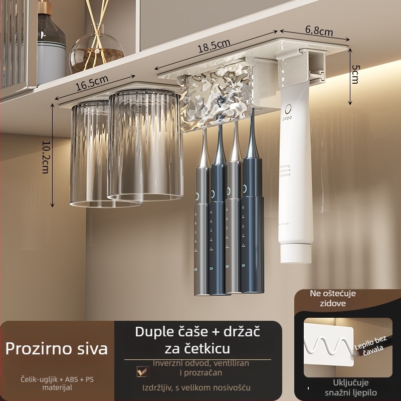 Držač za četkicu s invertnim dizajnom protiv prašine, bez bušenja, kristalno staklo, mehanizam istiskivanja paste za zube