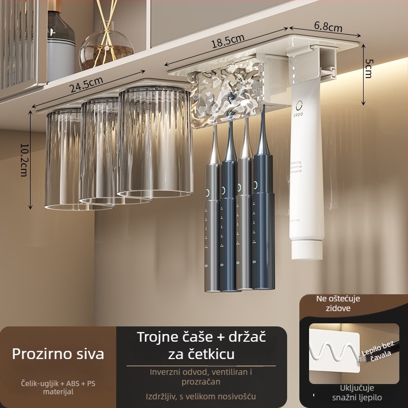 Držač za četkicu s invertnim dizajnom protiv prašine, bez bušenja, kristalno staklo, mehanizam istiskivanja paste za zube