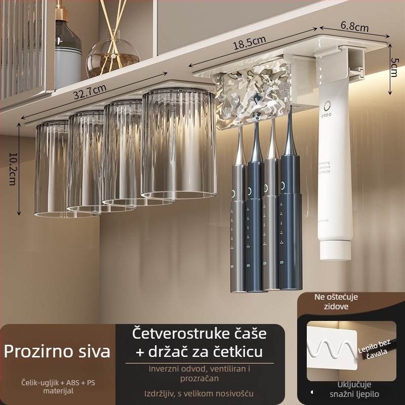 Držač za četkicu s invertnim dizajnom protiv prašine, bez bušenja, kristalno staklo, mehanizam istiskivanja paste za zube