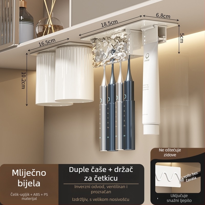 Držač za četkicu s invertnim dizajnom protiv prašine, bez bušenja, kristalno staklo, mehanizam istiskivanja paste za zube