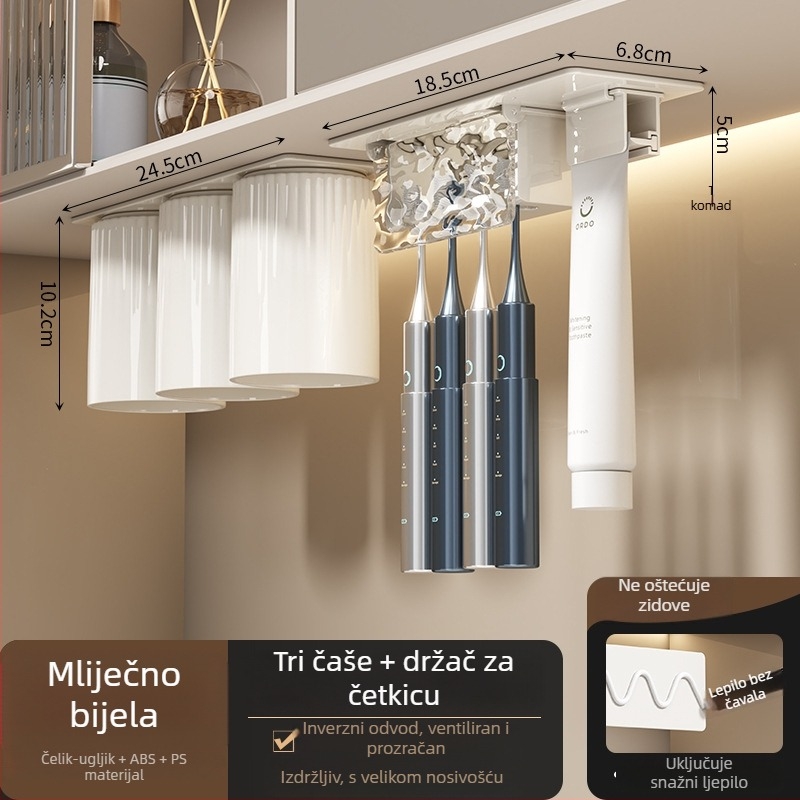 Držač za četkicu s invertnim dizajnom protiv prašine, bez bušenja, kristalno staklo, mehanizam istiskivanja paste za zube