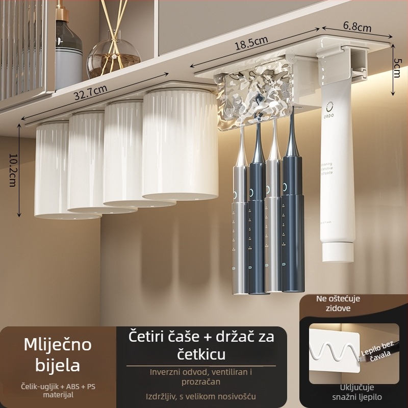 Držač za četkicu s invertnim dizajnom protiv prašine, bez bušenja, kristalno staklo, mehanizam istiskivanja paste za zube