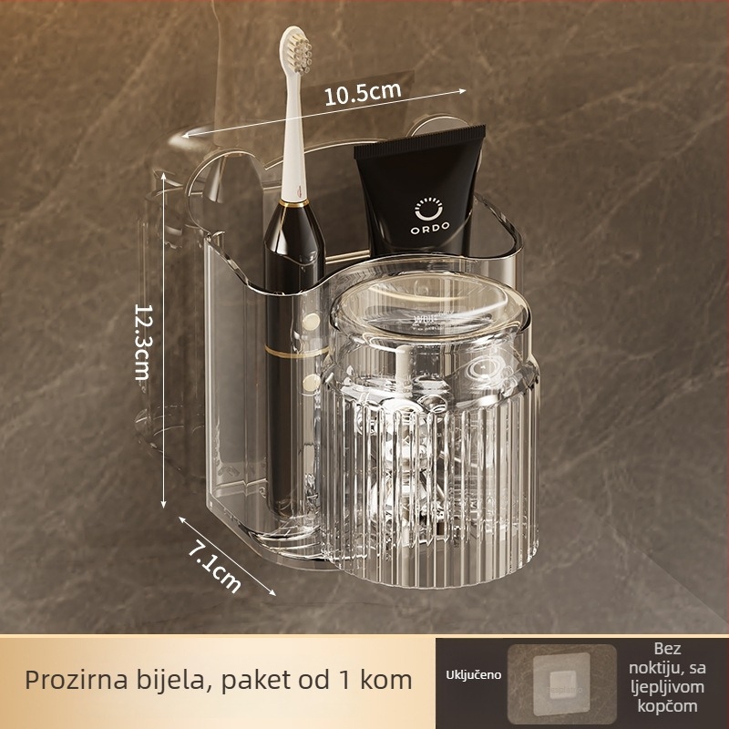 Držač četkica za zube, na zid montiran bez bušenja, plastični materijal, za čašu za ispiranje i držač paste