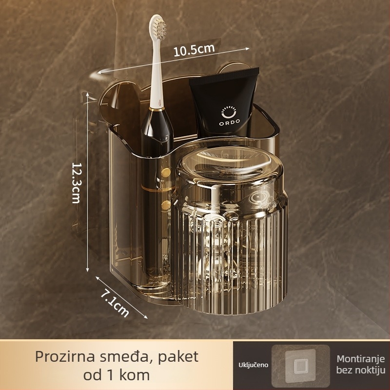 Držač četkica za zube, na zid montiran bez bušenja, plastični materijal, za čašu za ispiranje i držač paste