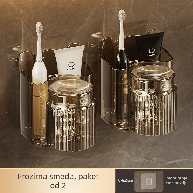 Držač četkica za zube, na zid montiran bez bušenja, plastični materijal, za čašu za ispiranje i držač paste